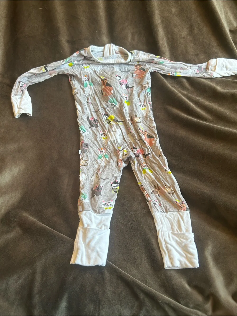 Little Sleepies Gray Cat Print One-Piece with Pastel Accents